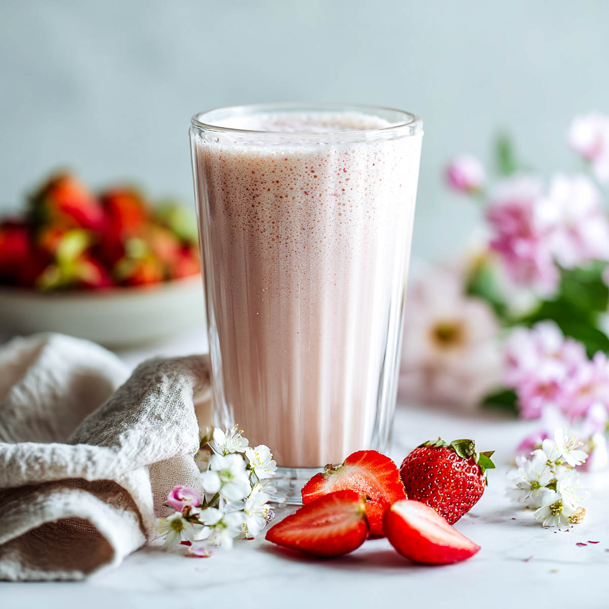 Strawberries and cream smoothie in glass with cashews and fresh berries.