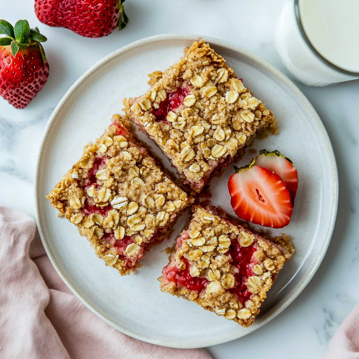 Fresh strawberry oatmeal bars on muted pink plate with strawberries scattered around.
