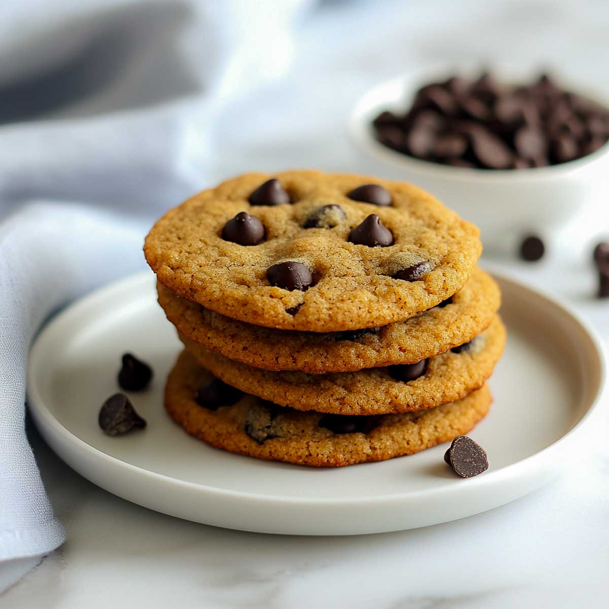Stack of thin, golden sugar-free cookies with chocolate chips on white plate.