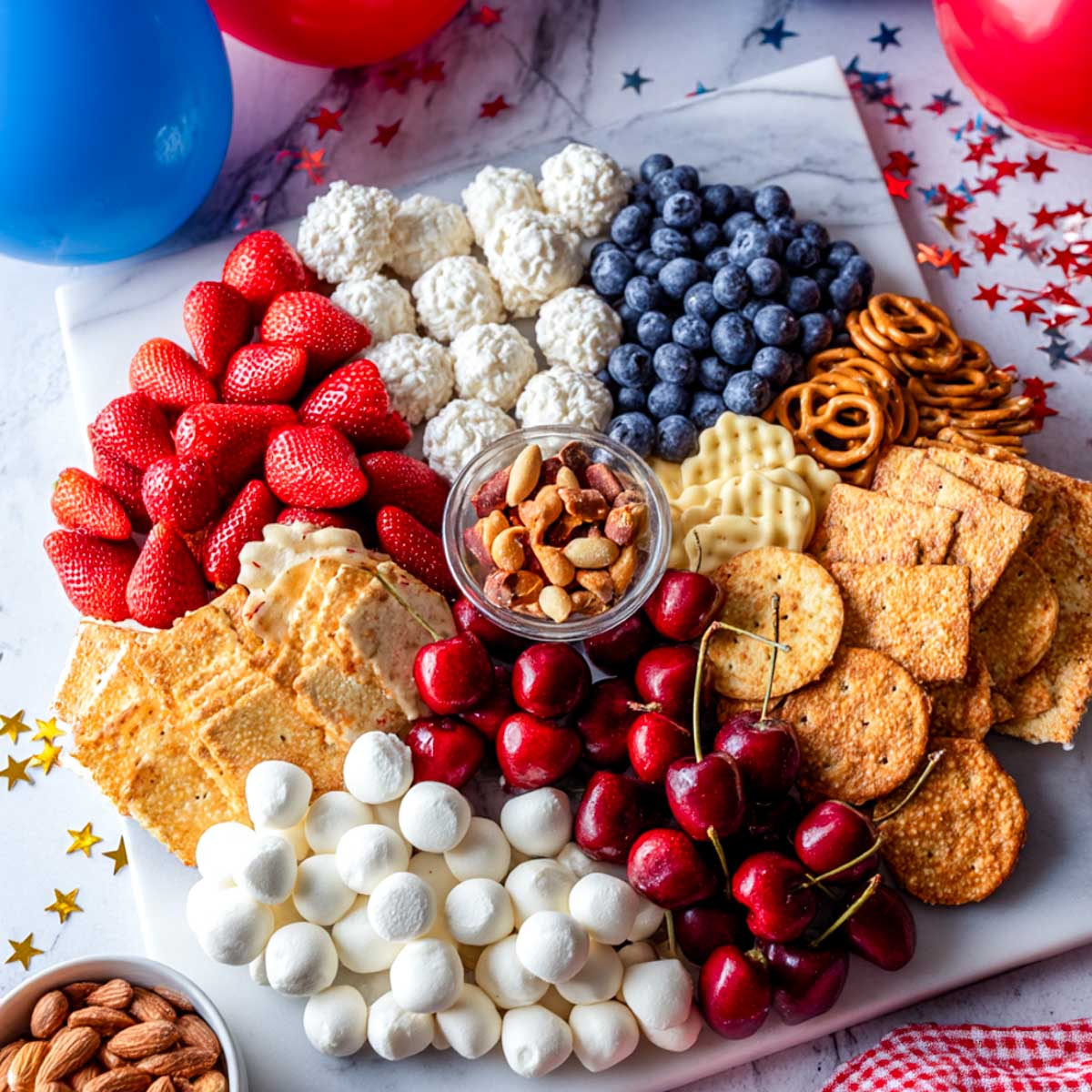 Sweet and salty snack board for 4th July.