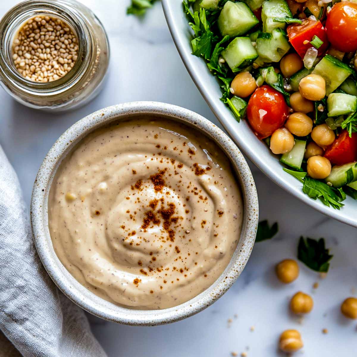Tahini Greek yogurt dressing with Mediterranean chickpea salad and paprika sprinkle.