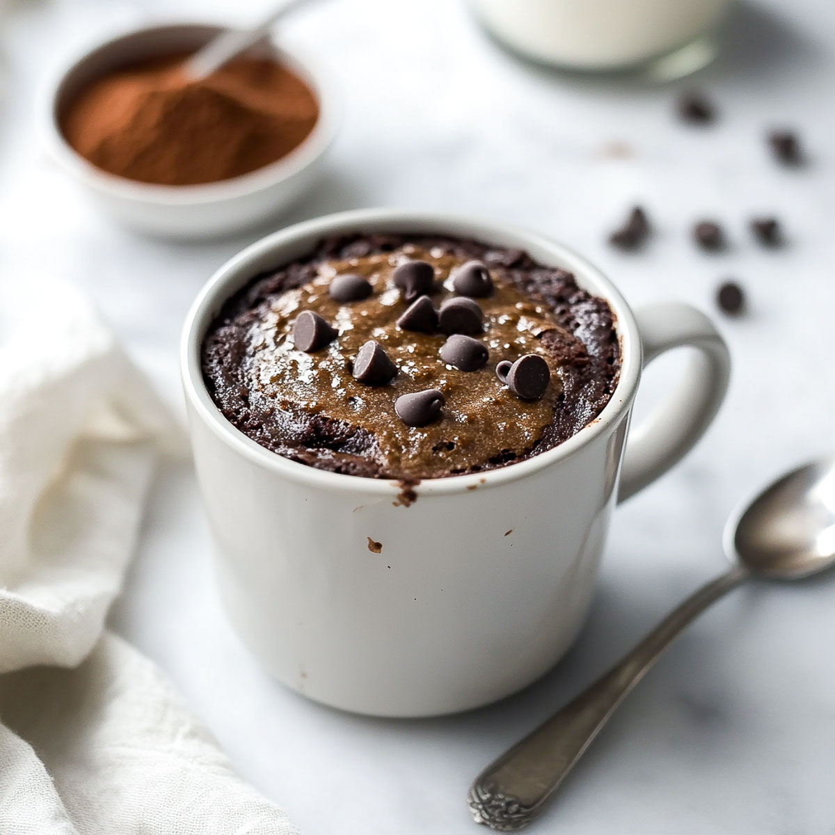 Vegan chocolate mug cake with chocolate chips in white mug on marble.