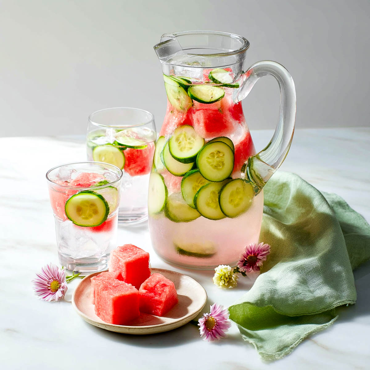Watermelon cucumber infused water in a clear pitcher with two glasses, pink tint, mint green napkin, and fresh fruit on marble.