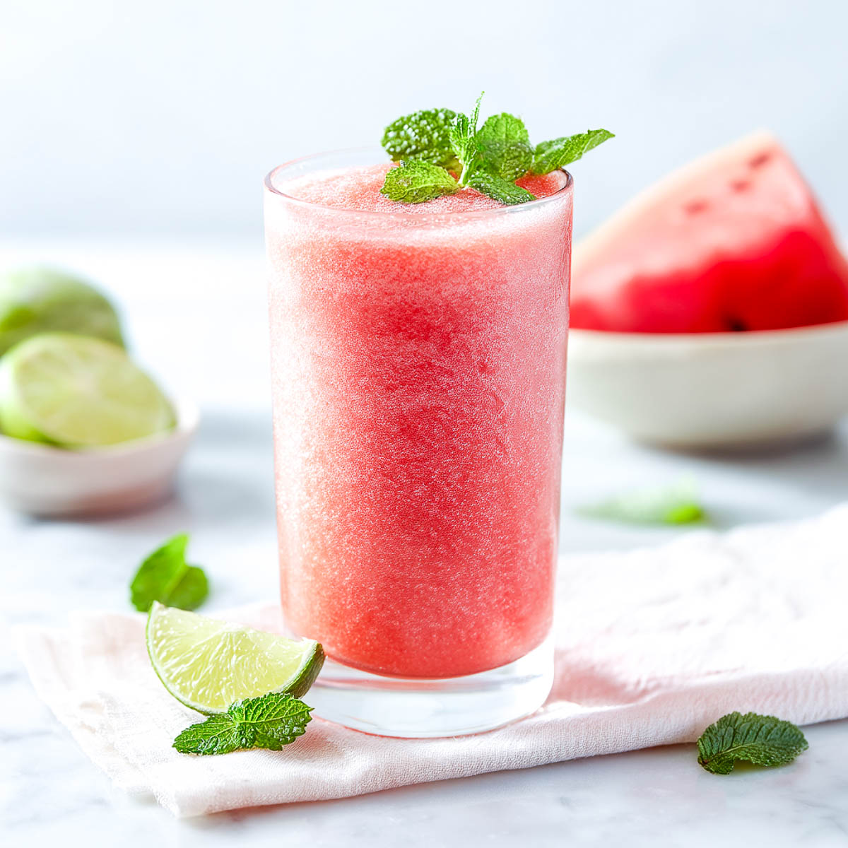 Watermelon mint dairy-free smoothie with lime wedge and melon cubes on marble.