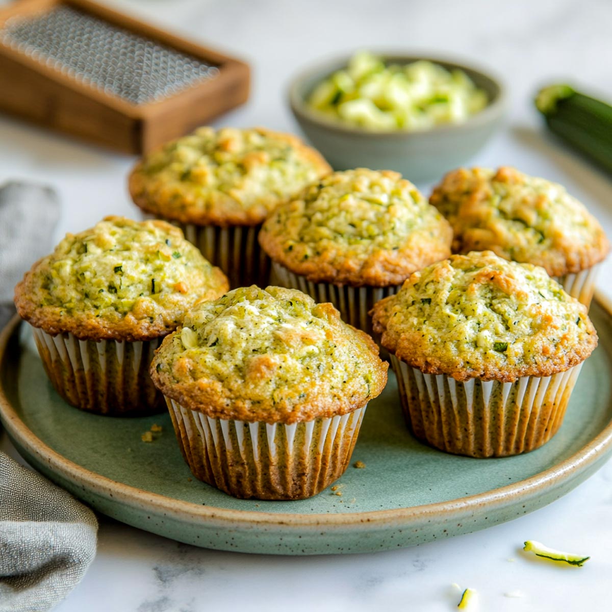 Slightly angled view of rustic zucchini muffins on a green ceramic plate with grater and zucchini in background.