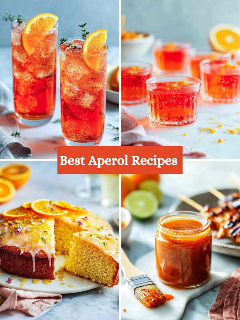 Collage showing Aperol tonic cocktails, jello shots, Aperol spritz cake, and Aperol BBQ sauce with brush.