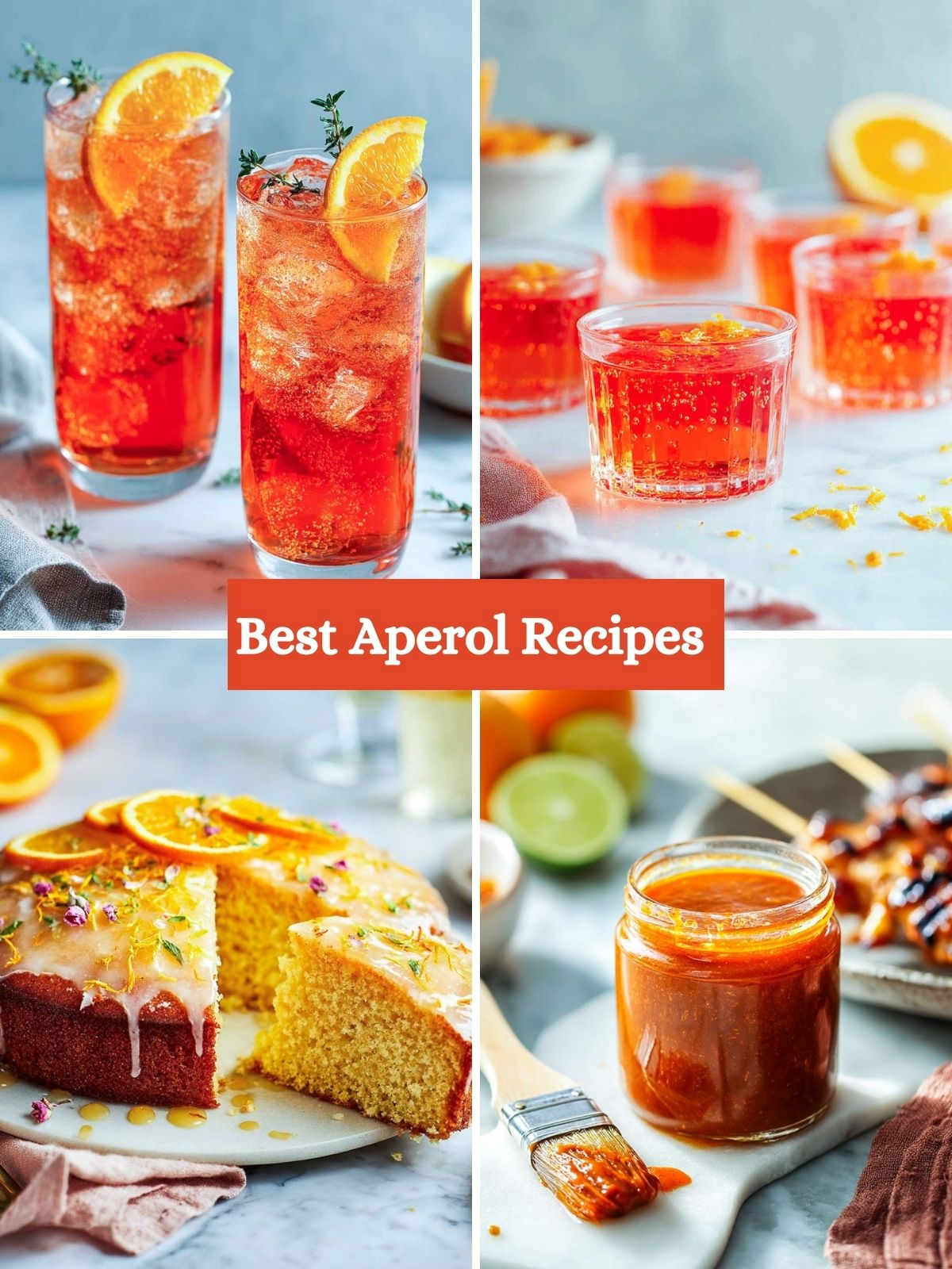Collage showing Aperol tonic cocktails, jello shots, Aperol spritz cake, and Aperol BBQ sauce with brush.