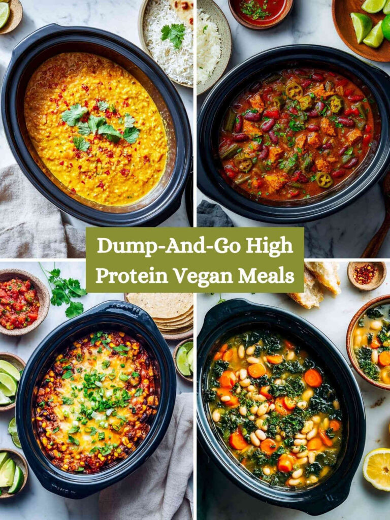 A 4-picture collage of dump and go high protein crockpot vegan recipes.