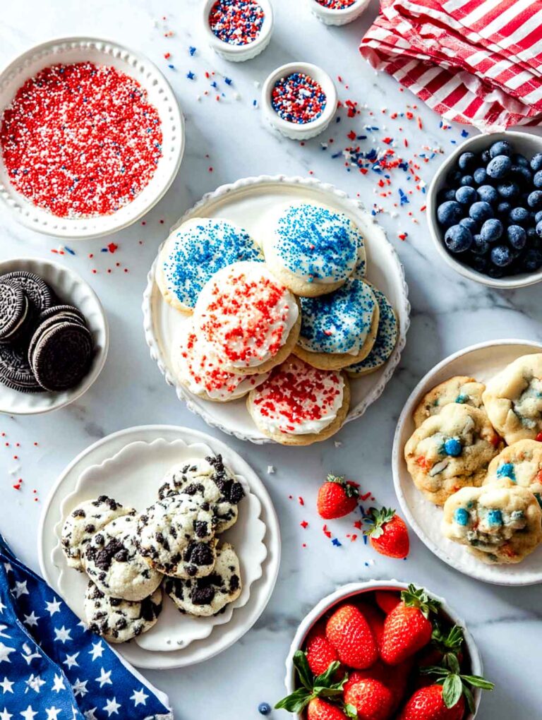 Various types of 4th of July themed cookies on a white marble surface.