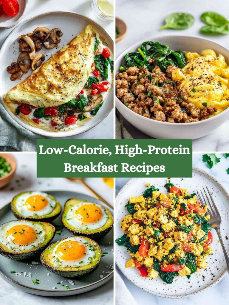 A 4-picture collage of low-calorie, high-protein breakfast ideas.