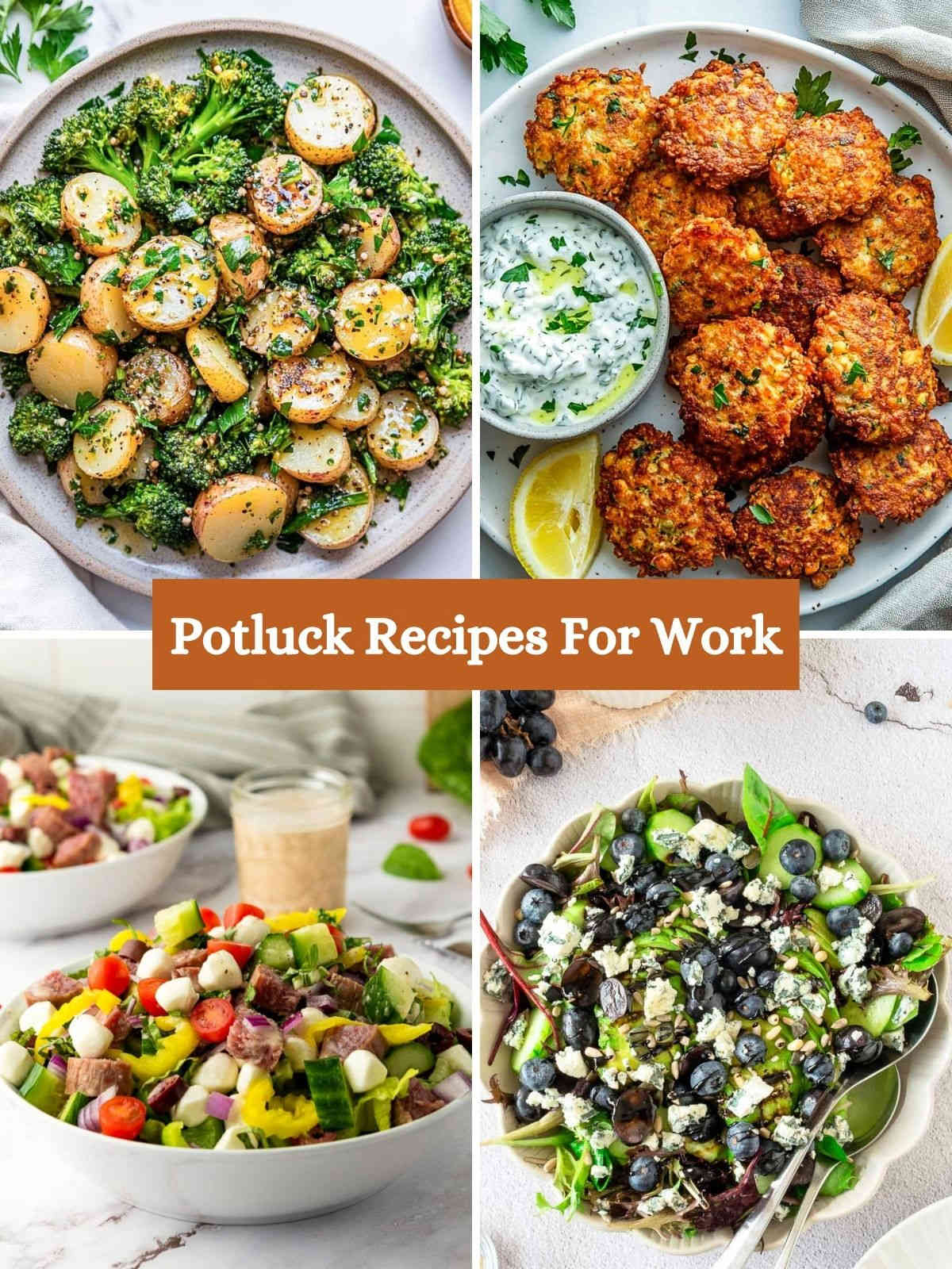 A 4-picture collage of potluck dishes for work lunches.