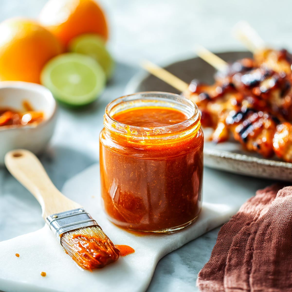 Jar of Aperol BBQ sauce with basting brush and grilled skewers in background.