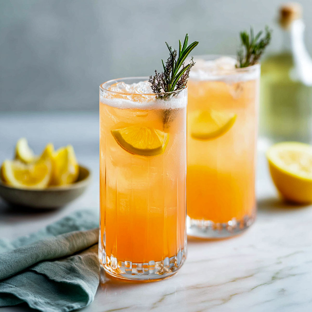 Two Aperol Gin Fizz cocktails with lemon wedges and rosemary on marble.