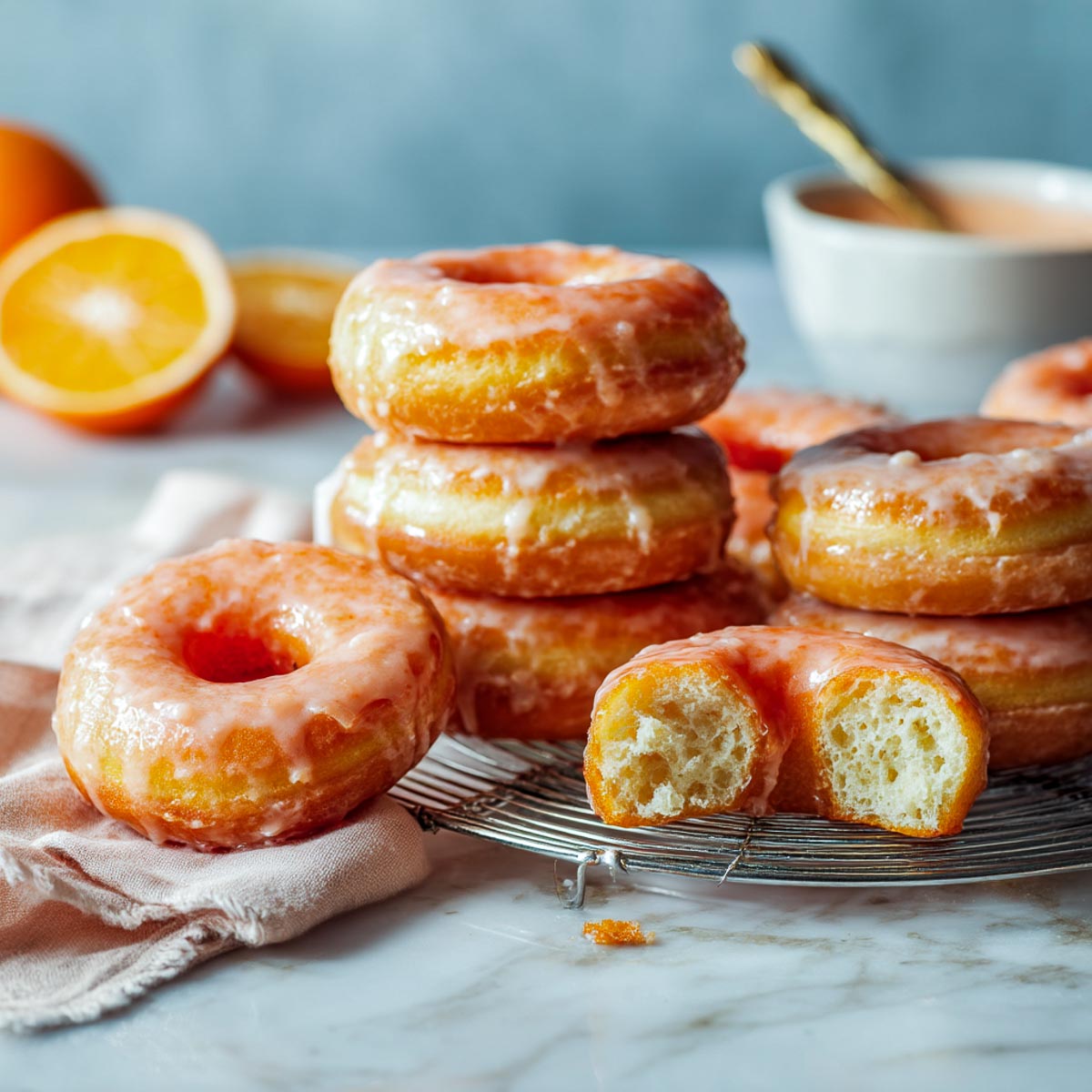 Aperol-glazed donuts stacked on a rack with glaze and citrus in background.