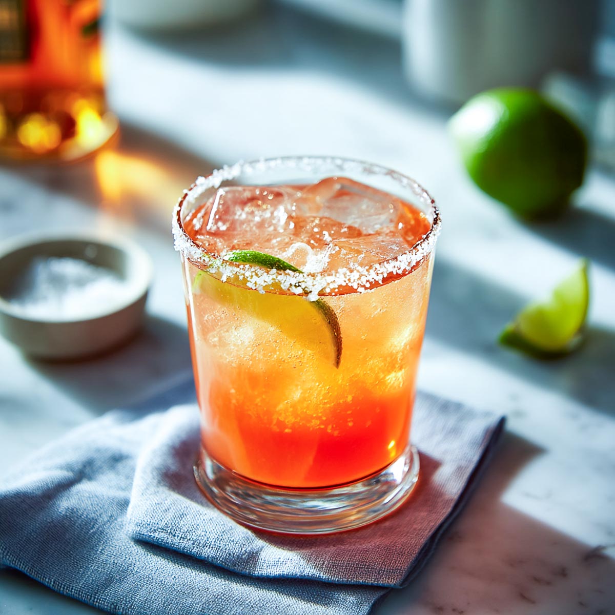 Aperol Margarita with salted rim and lime wedge on marble.
