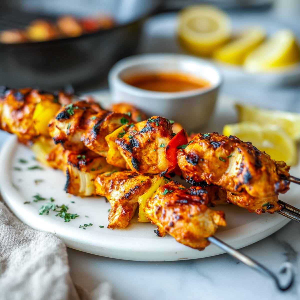 Grilled Aperol marinated chicken skewers with bell peppers and dipping sauce.