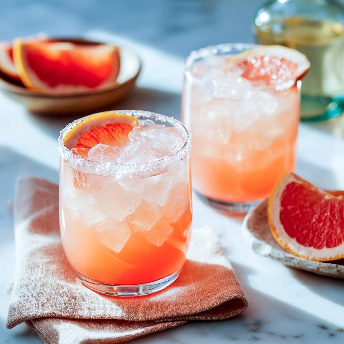 Two Aperol Paloma cocktails with grapefruit slices and salted rims on marble surface.