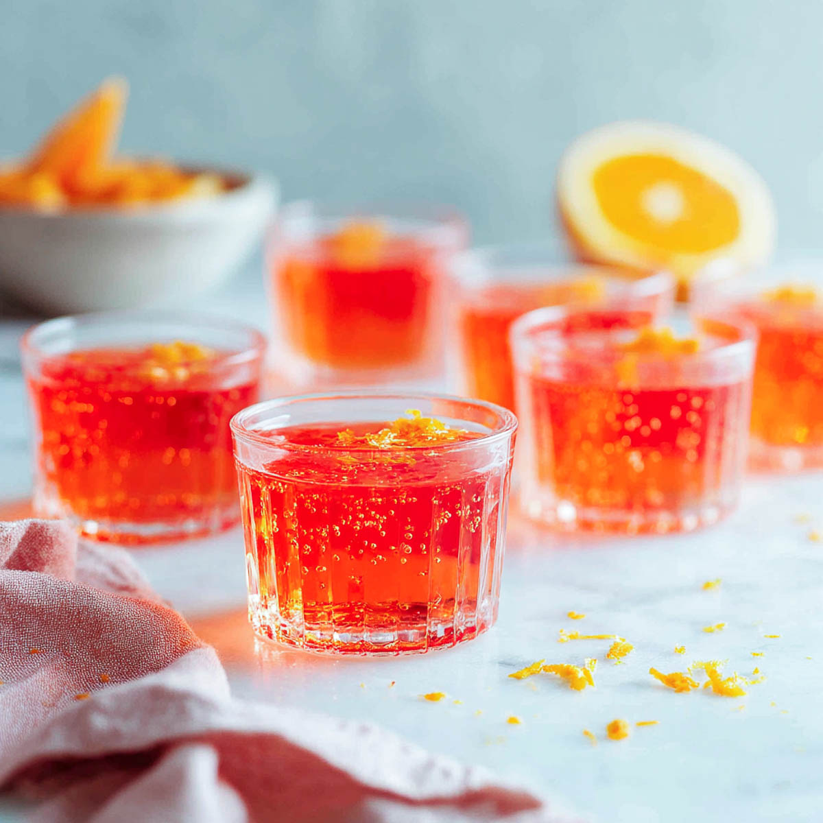 Aperol prosecco jello shots with orange zest on marble.