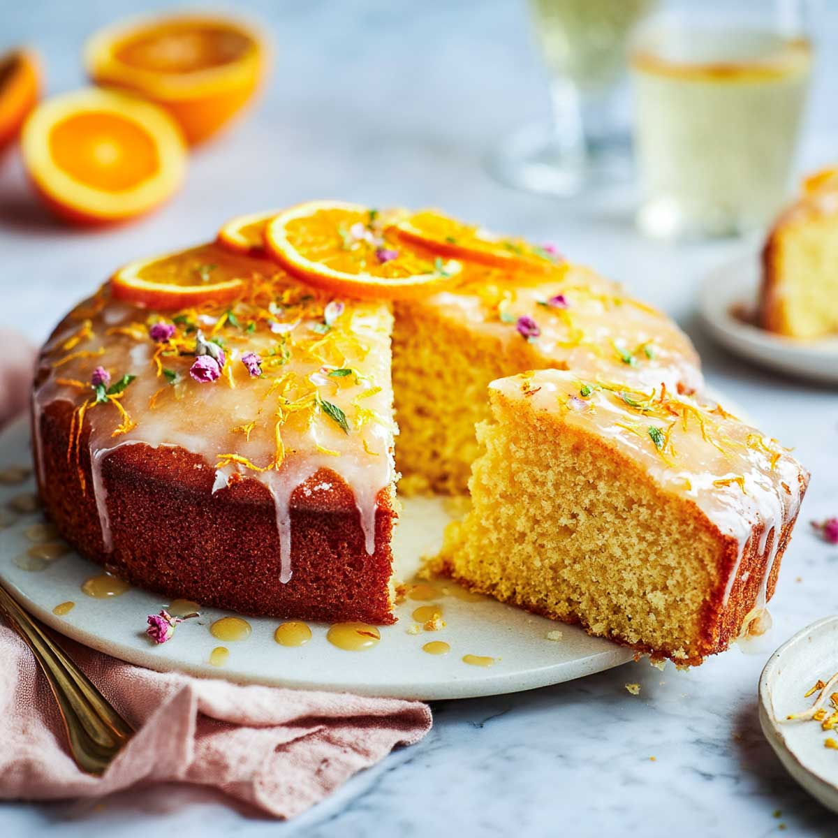 Round Aperol spritz cake with glaze, orange slices, and edible flowers on marble.