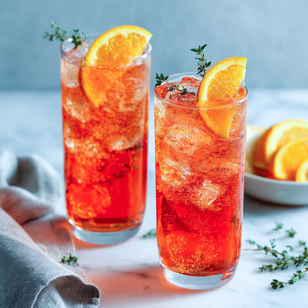 Two Aperol Tonic cocktails with orange slices and thyme on marble surface.