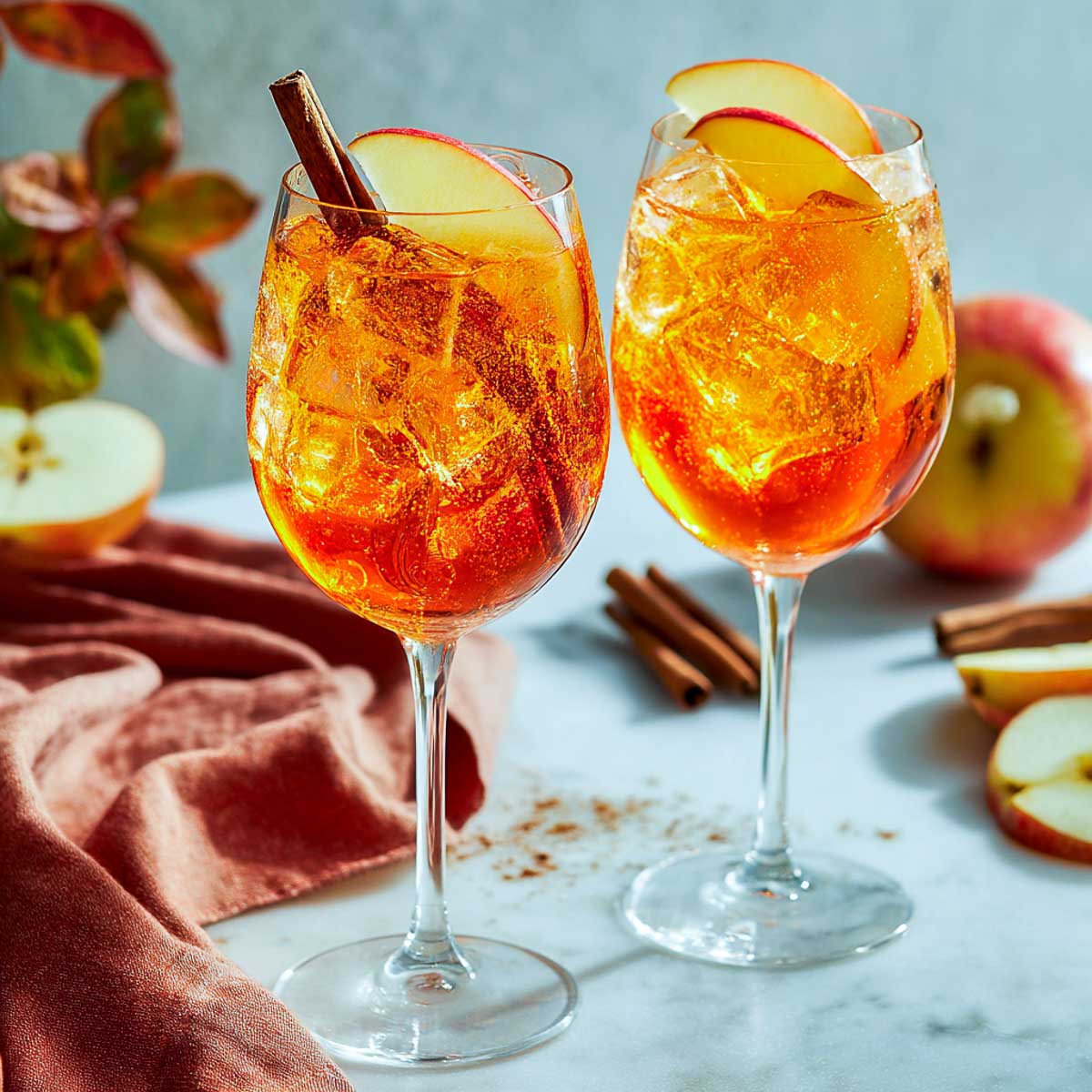 Two Autumn Aperol Spritz cocktails with apple slices and cinnamon sticks.
