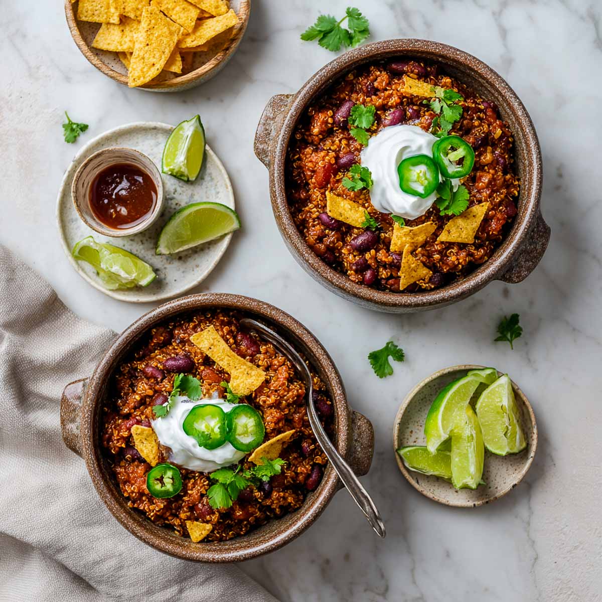 Top view of two rustic bowls filled with BBQ bean and quinoa bake, topped with sour cream, jalapeño slices, and crushed tortilla chips.
