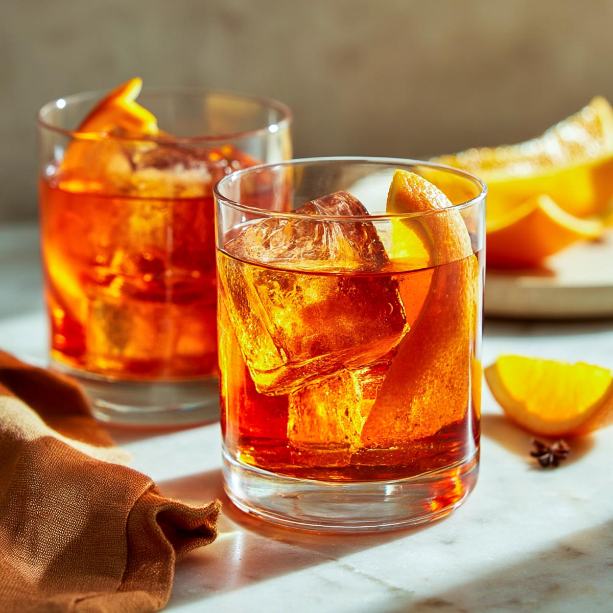 Two Bourbon Aperol Cocktails with orange peel and ice on marble.