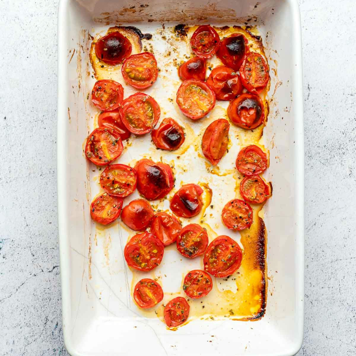 Roasted tomatoes in the pan.