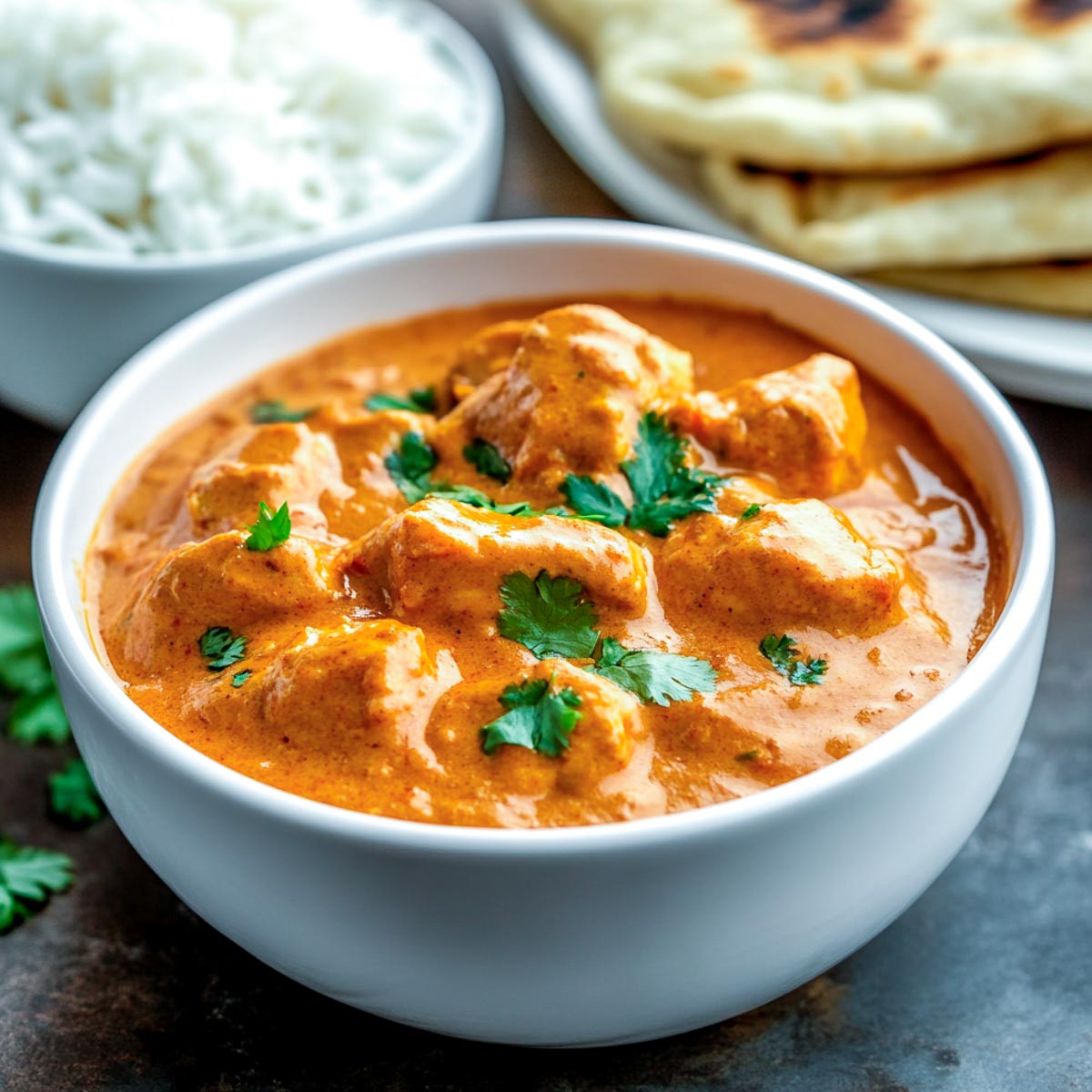 Butter chicken served in a white bowl, topped with cilantro, with rice and naan in the background.