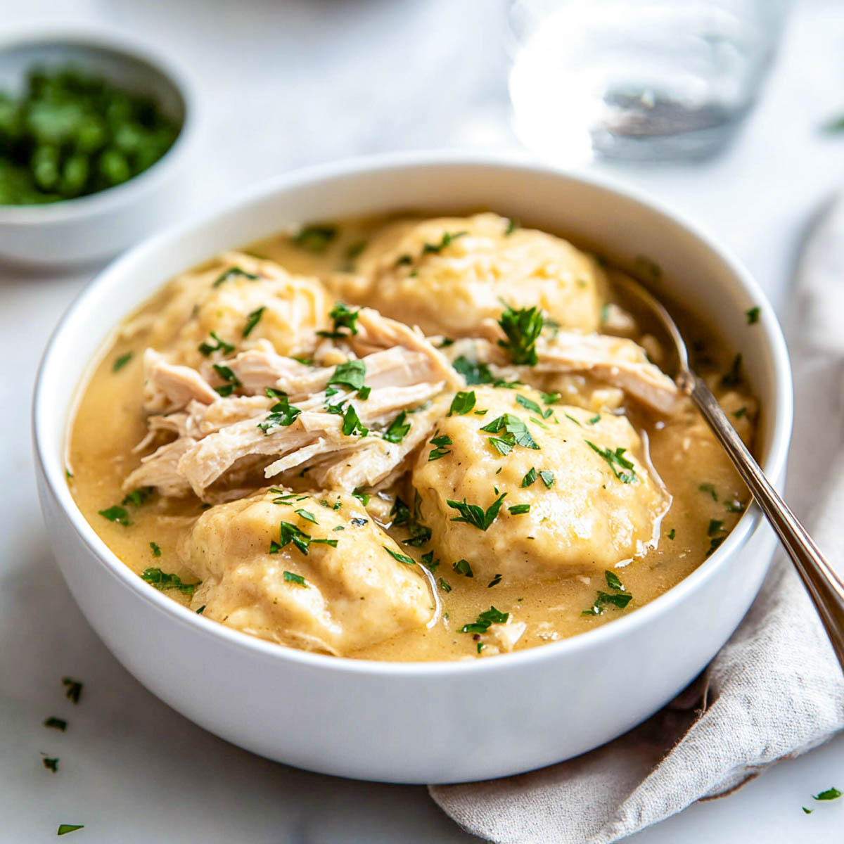 Chicken and dumplings in a white serving bowl.