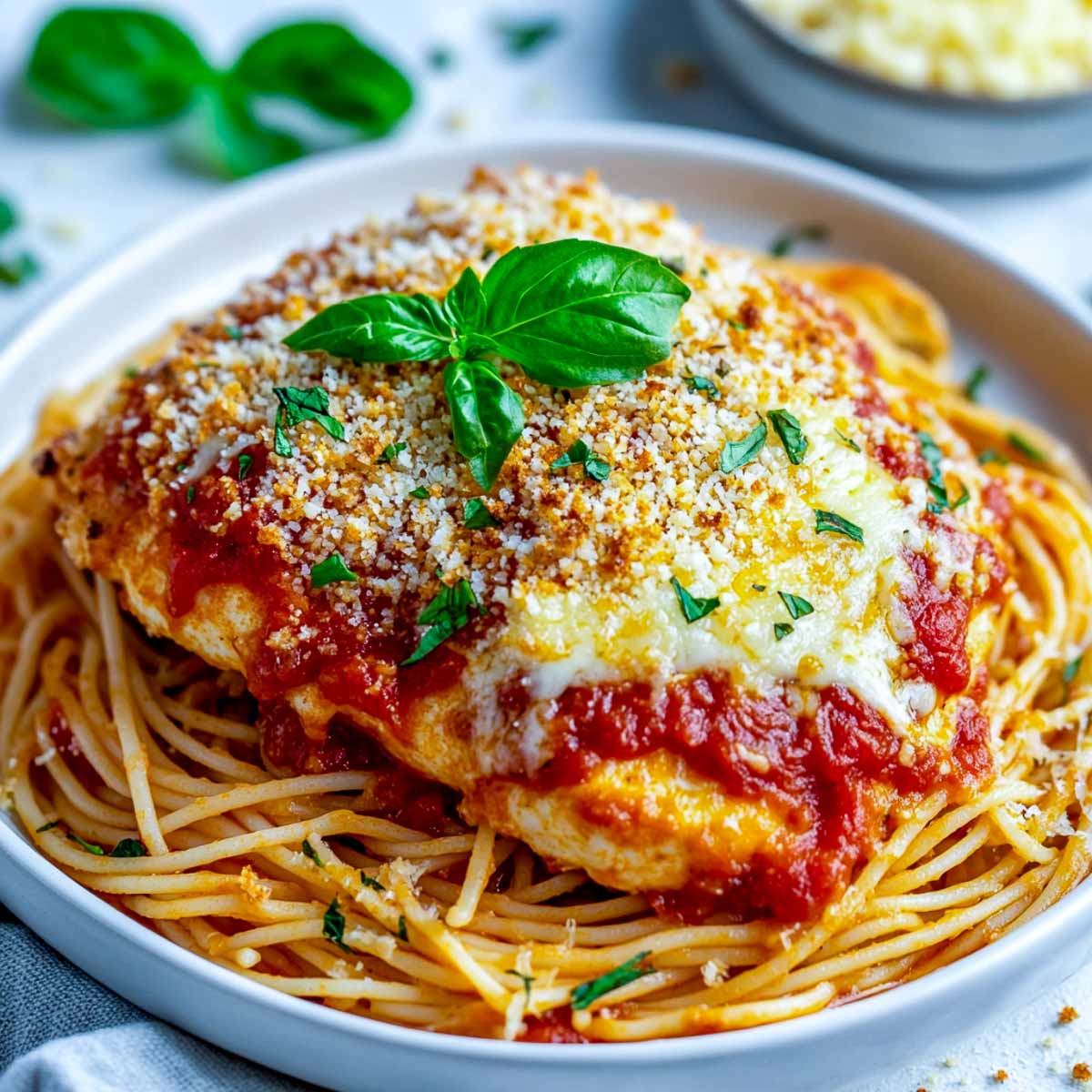 A serving of Crockpot Chicken Parmesan over spaghetti on a white plate, garnished with basil and breadcrumbs.