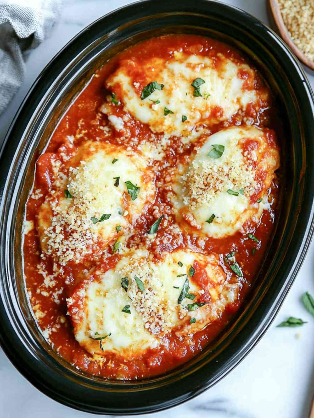 Top-down view of slow-cooked Chicken Parmesan with cheese and herbs in a black crockpot.