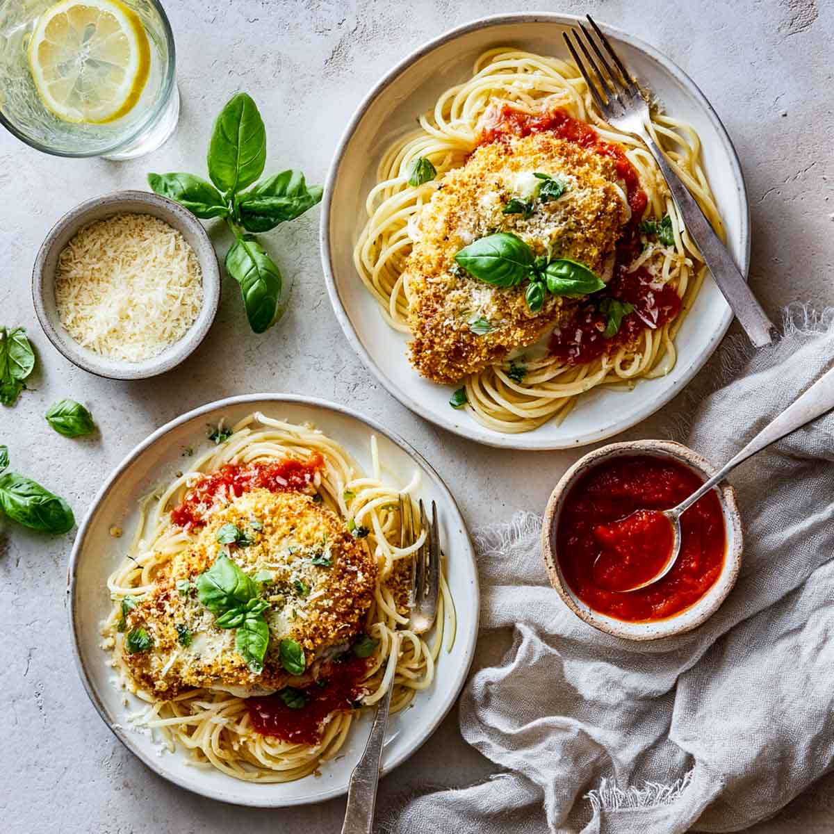 A serving of Crockpot Chicken Parmesan over spaghetti on a white plate, garnished with basil and breadcrumbs.