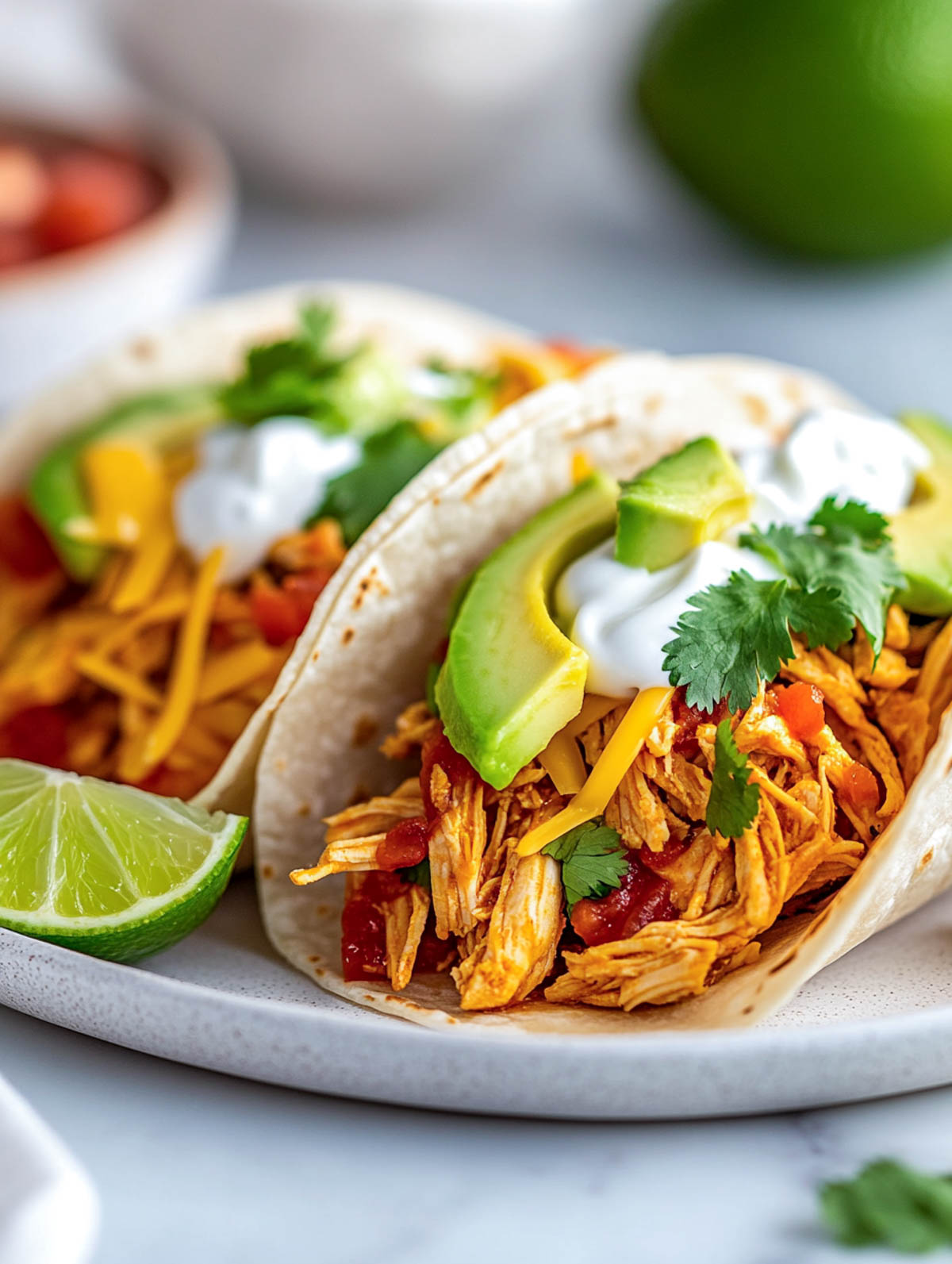 Soft tortillas filled with shredded chicken, avocado, sour cream, cheese, and cilantro, served with lime wedges.