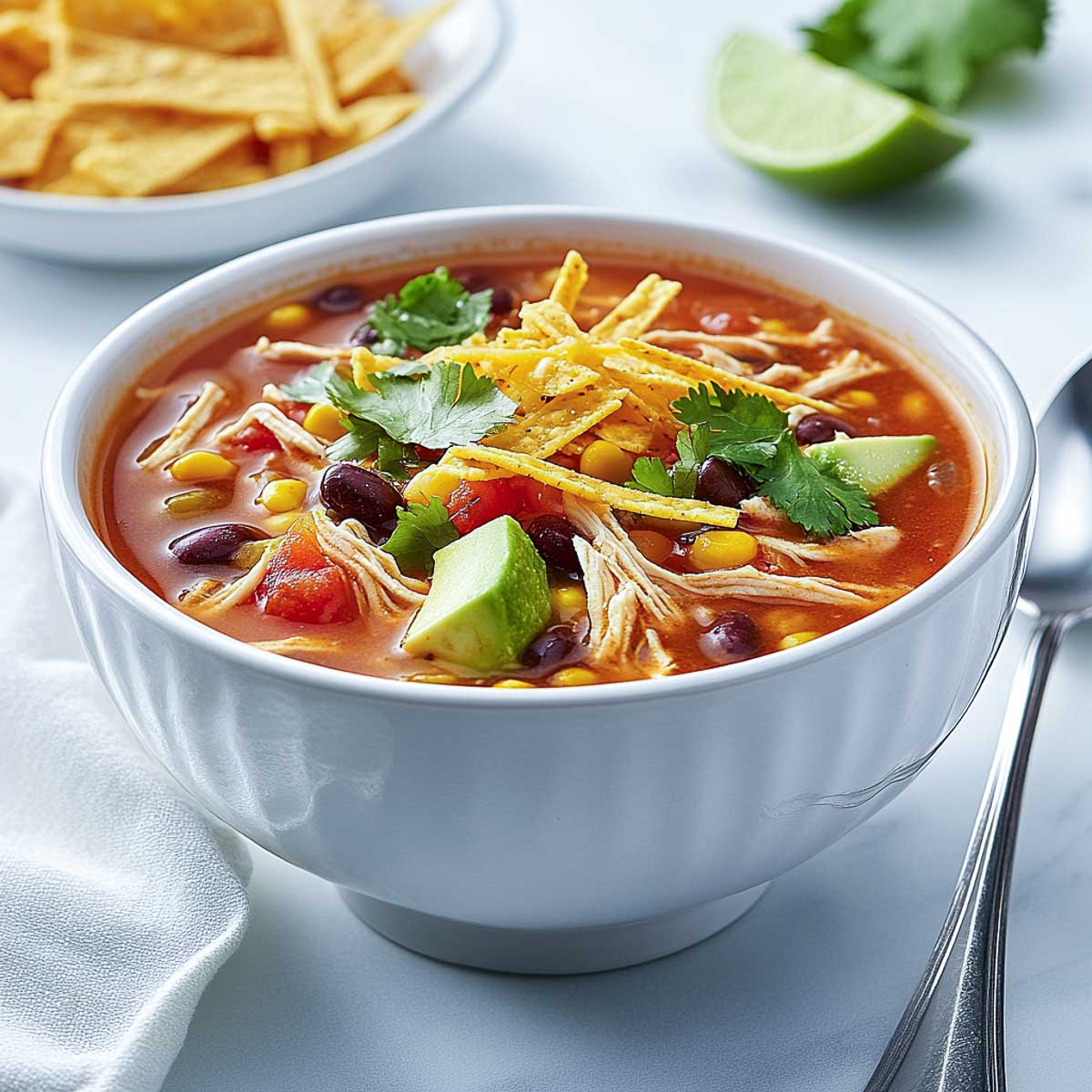 Bowl of crockpot chicken tortilla soup topped with avocado, tortilla strips, black beans, and cilantro, with lime and chips in the background.