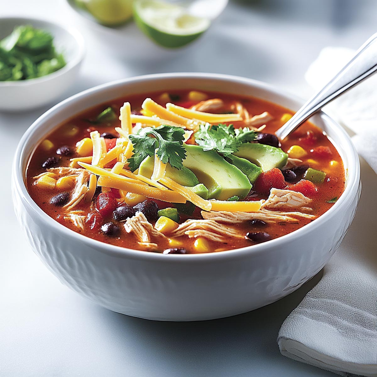 Chicken tortilla soup served in a white bowl with shredded cheddar, avocado slices, and cilantro, ready to eat with a spoon.