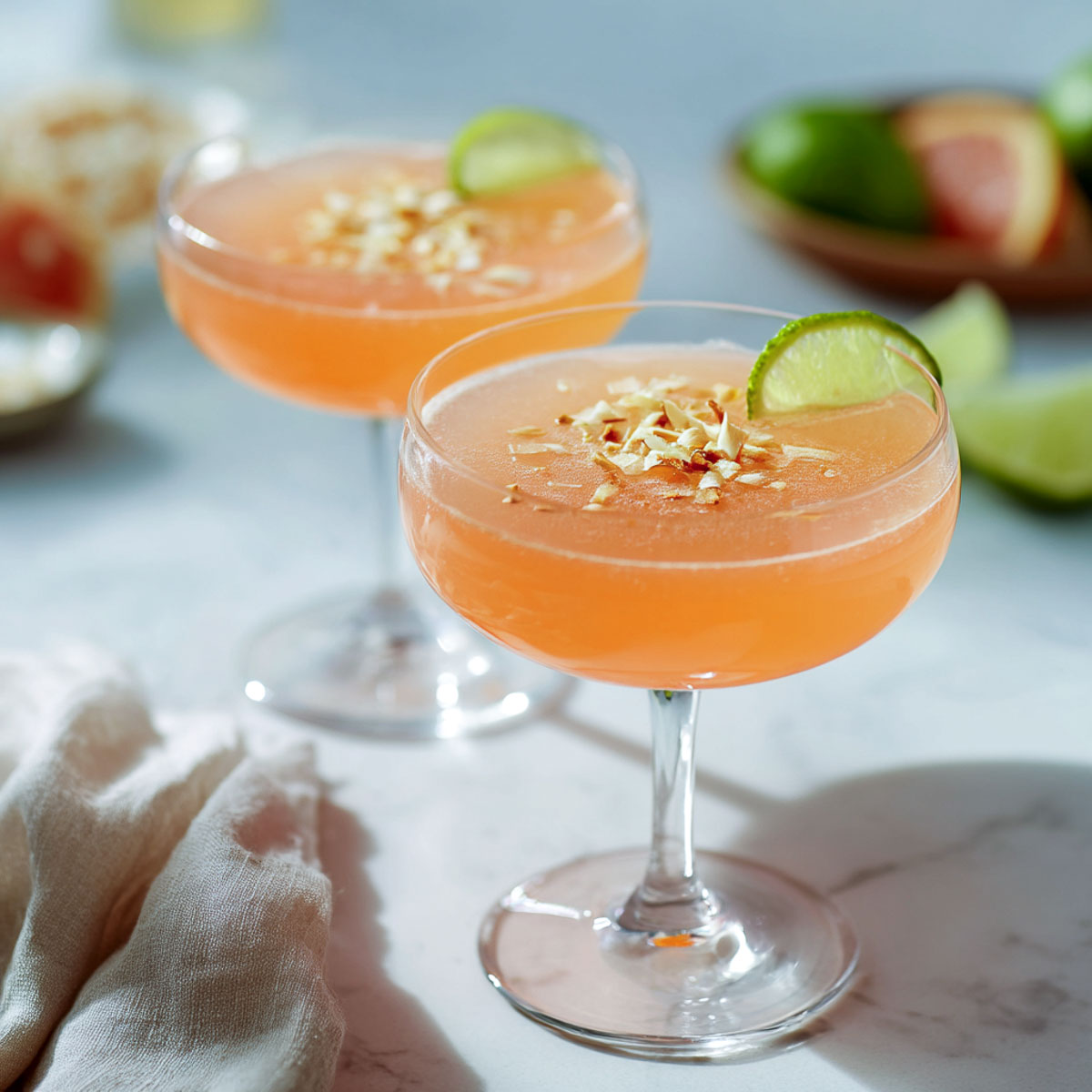 Two Coconut Aperol Punch cocktails with lime and toasted coconut in coupe glasses.