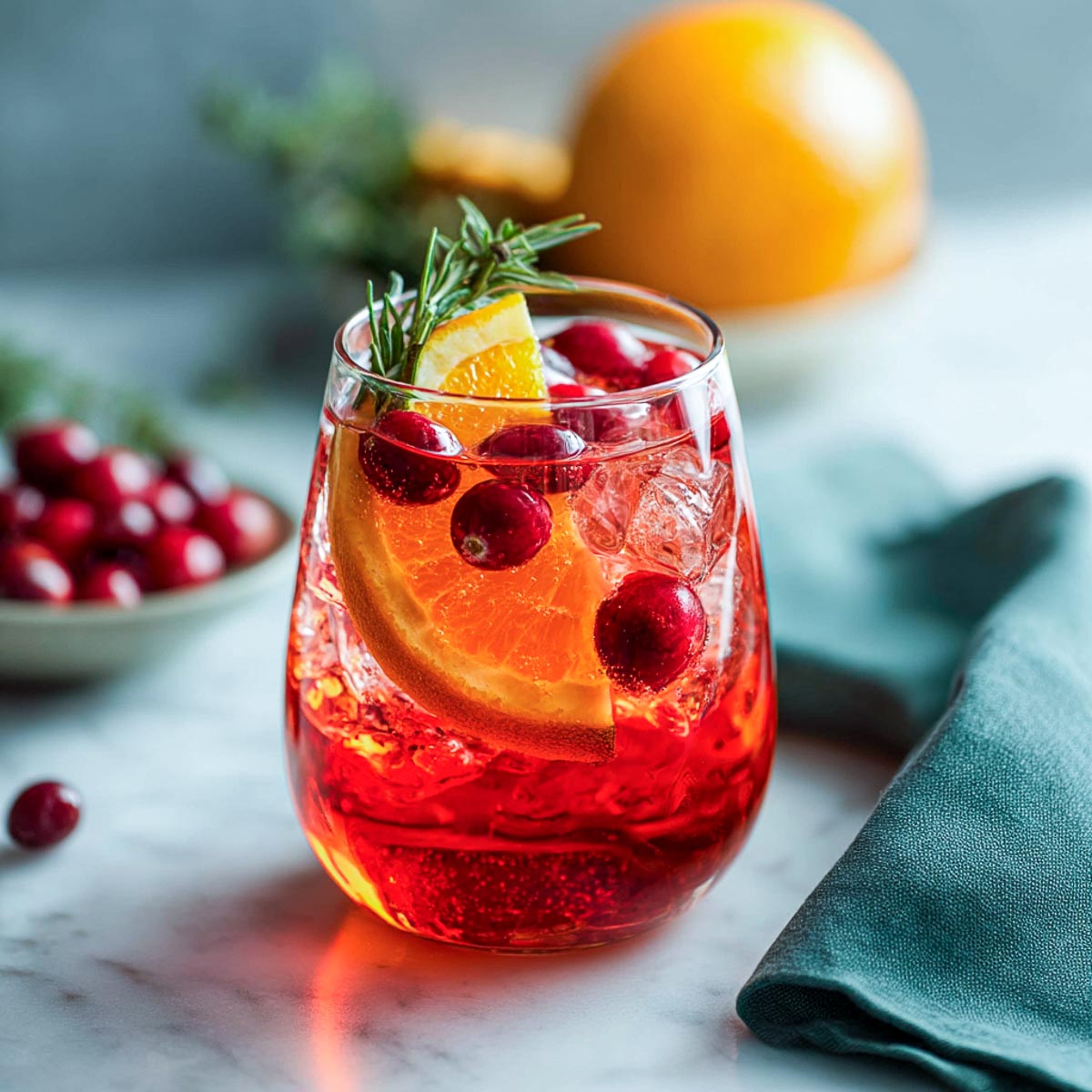 Cranberry Aperol Spritz with orange slice and rosemary on marble.
