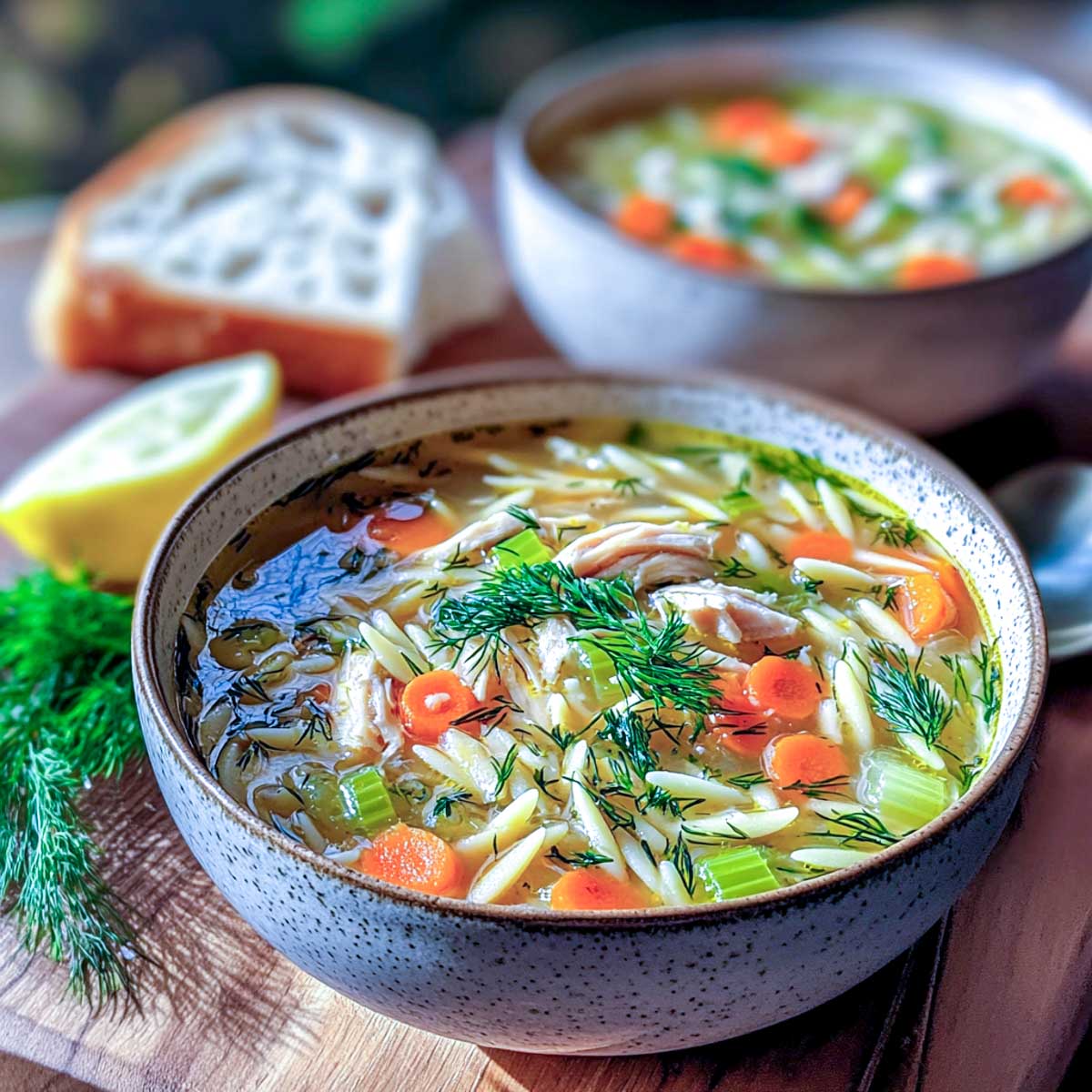 Bright and cozy bowl of crockpot lemon chicken orzo soup, with dill, carrots, and celery, served with fresh bread and lemon on a wooden board.