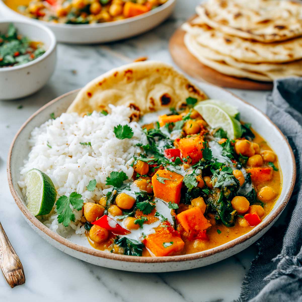 Curried chickpea stew served with rice, naan, and lime wedges.