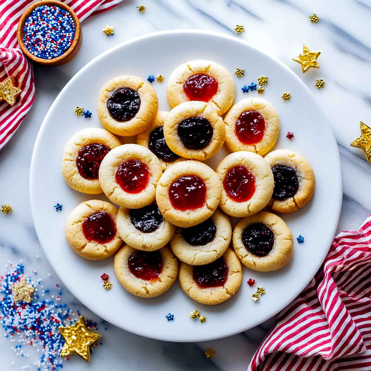 Top-down view of thumbprint cookies filled with red and blue jam centers.