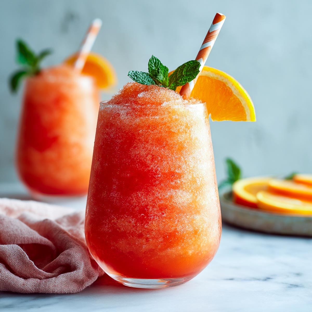 Frozen Aperol Spritz Slushie with orange slice and mint on marble.