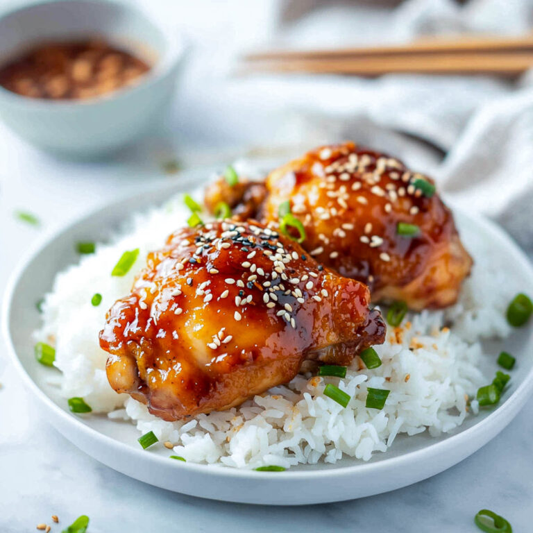 Sticky honey garlic chicken thighs served over a bed of white rice with sesame seeds and scallions.
