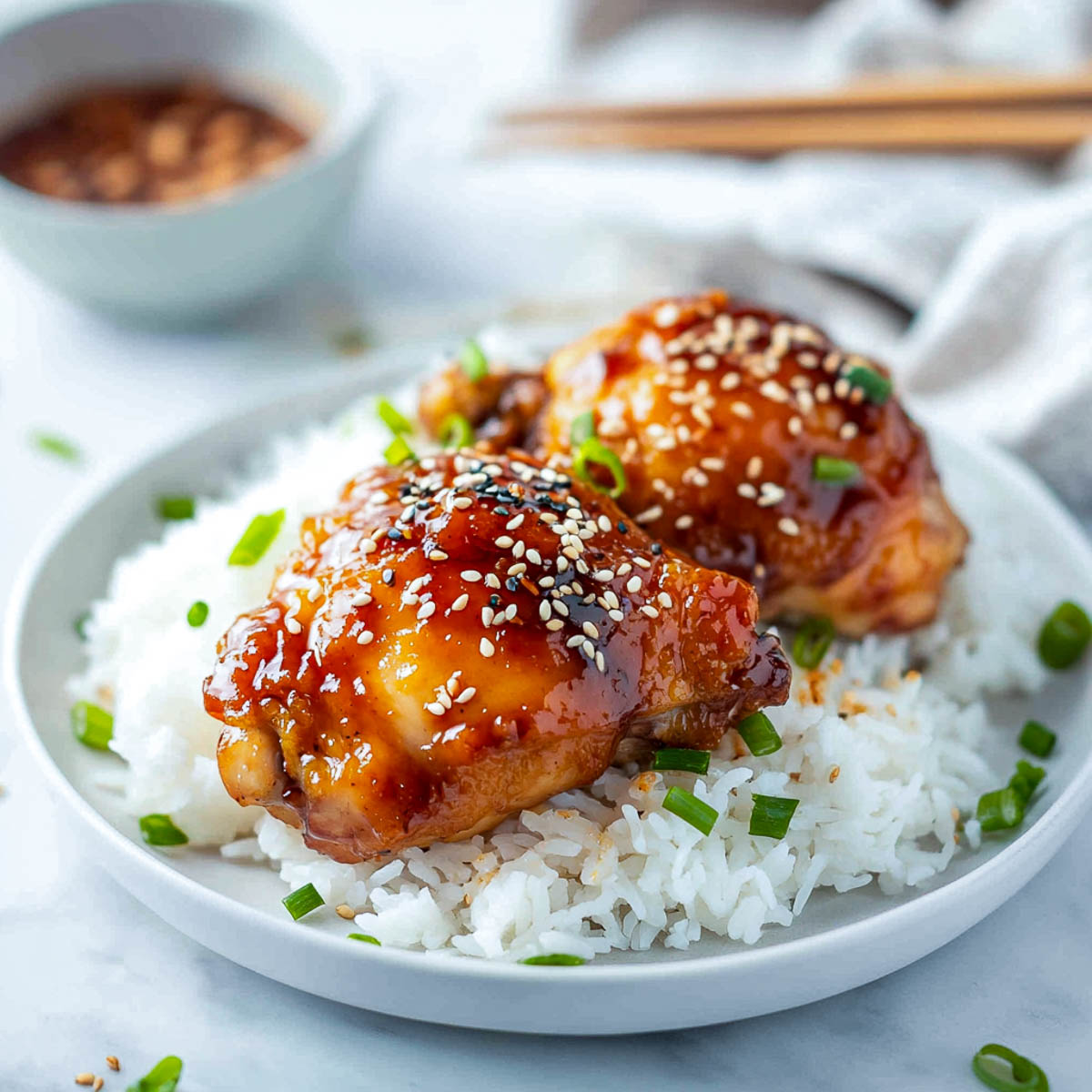 Sticky honey garlic chicken thighs served over a bed of white rice with sesame seeds and scallions.