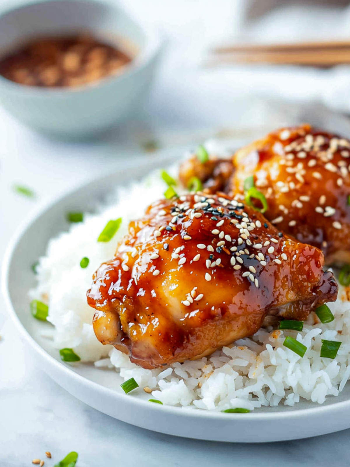 Close-up of honey garlic chicken thighs over rice, garnished with sesame seeds and chopped green onions.