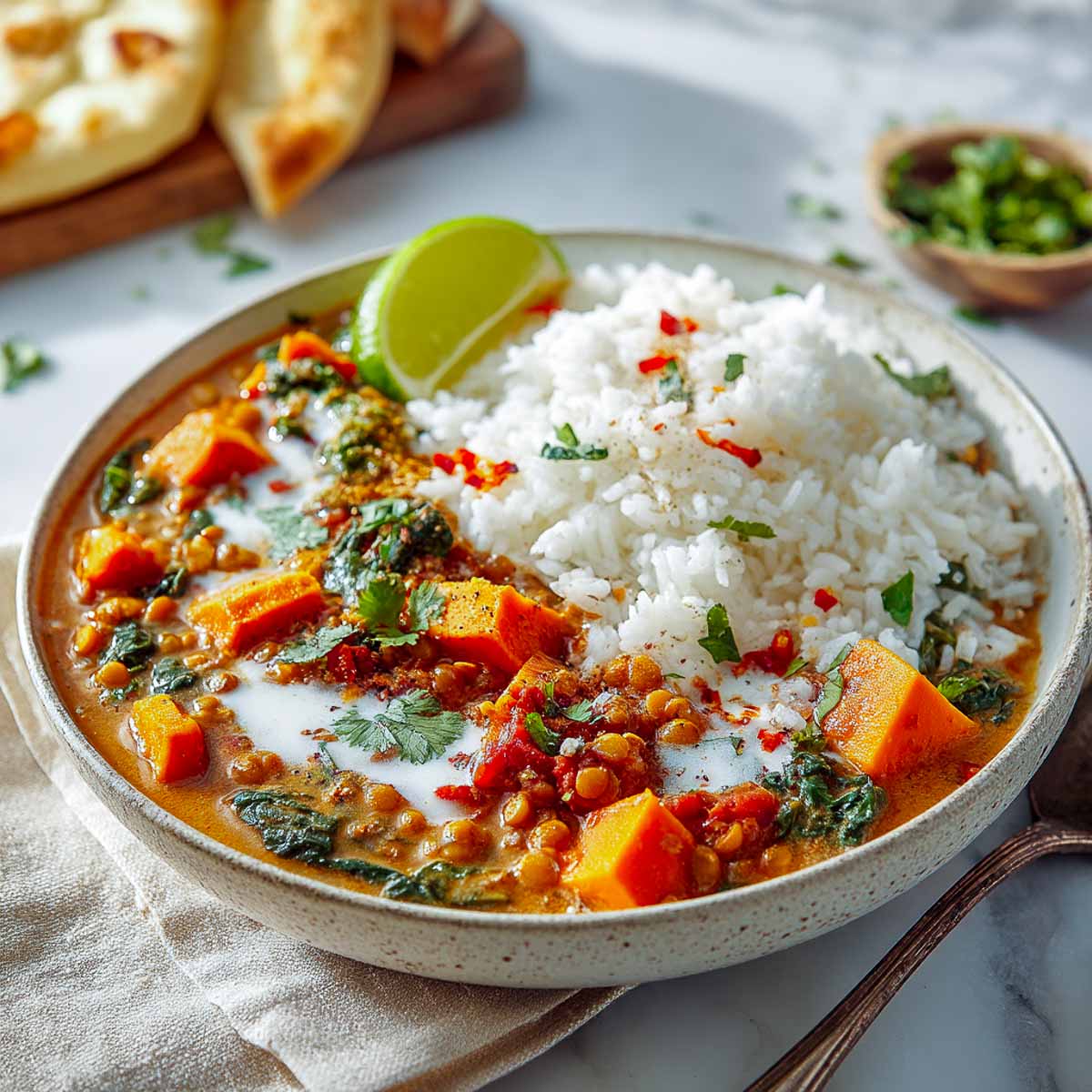 Red lentil and sweet potato stew in a ceramic bowl with rice.