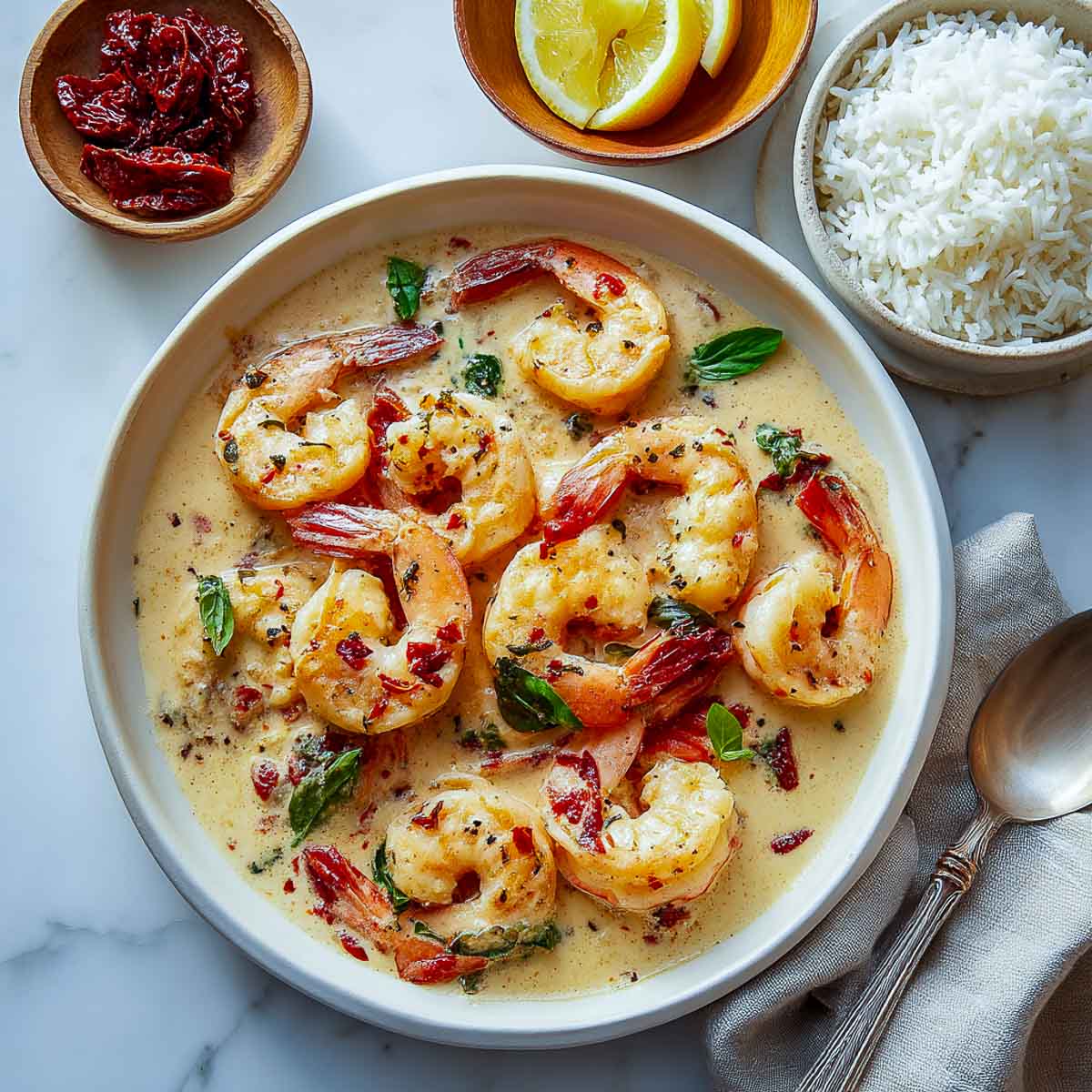 Shrimp in creamy tomato basil sauce with separate rice, lemon, and basil.