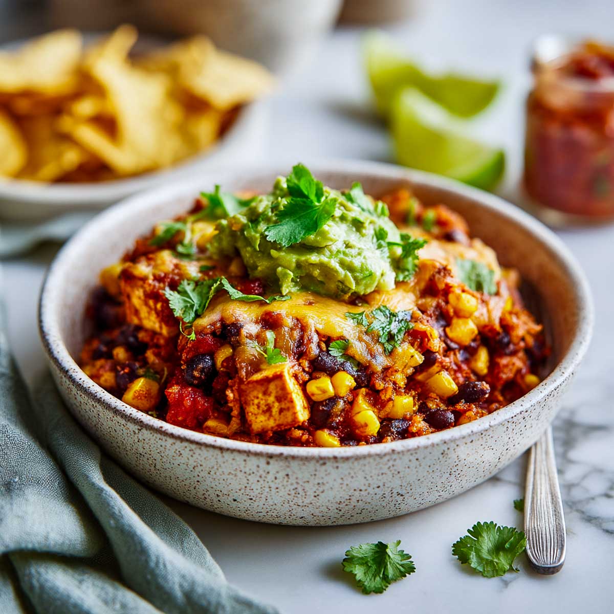 Vegan Mexican casserole with tofu, beans, and guacamole in a rustic bowl.
