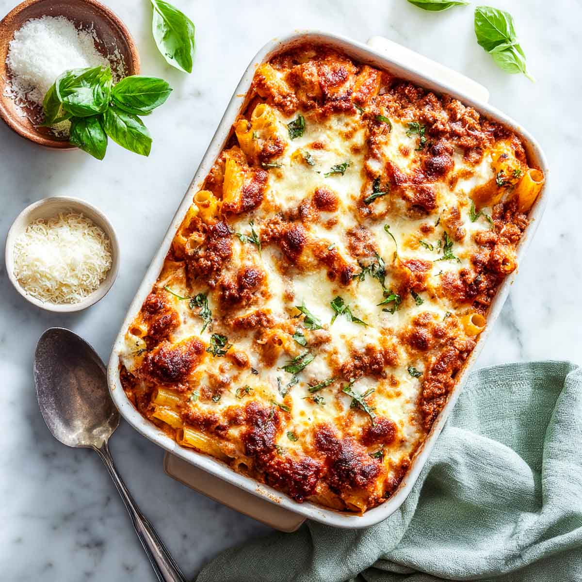 Baked ziti topped with golden melted cheese in a white casserole dish.