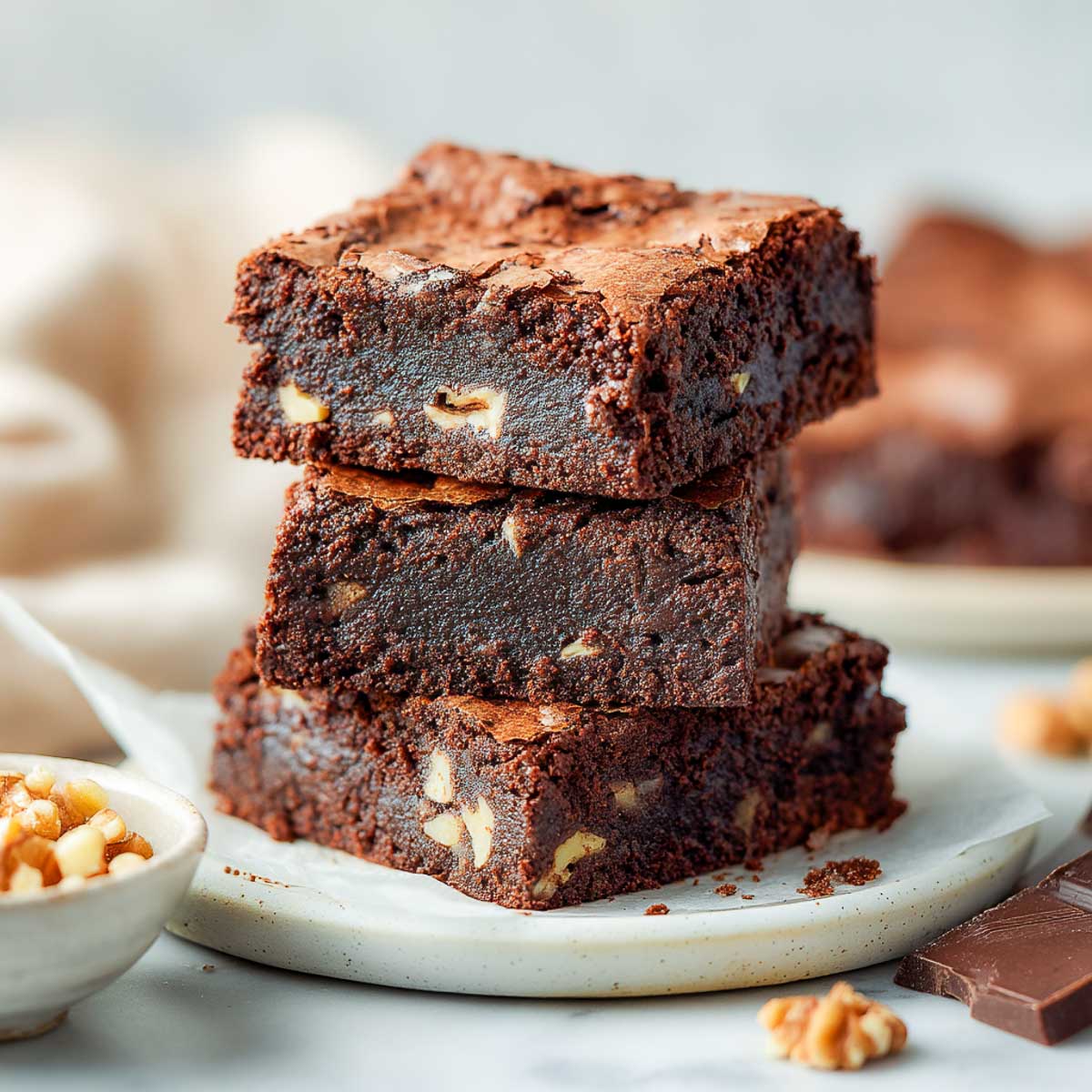 Stacked fudgy brownies with crackly tops and visible walnut pieces.